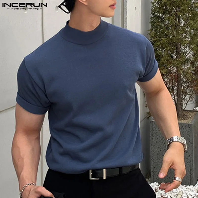 

INCERUN Tops 2023 Korean Style Men's Knitted Elastic Solid T-shirts Casual All-match Half High Neck Short Sleeve Camiseta S-5XL