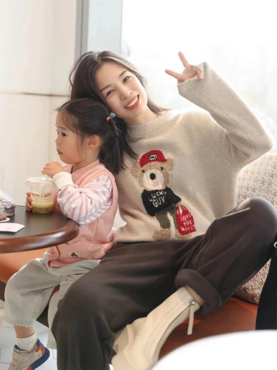 Толстый жаккардовый свитер из чистого кашемира с круглым вырезом осенне-зимний