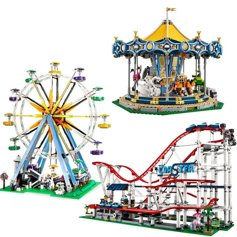 

With Motor Roller Coaster Ferris Wheel Building Blocks Bricks Carousel Toy Birthday Christmas Gift Compatible 10261 10247 10257
