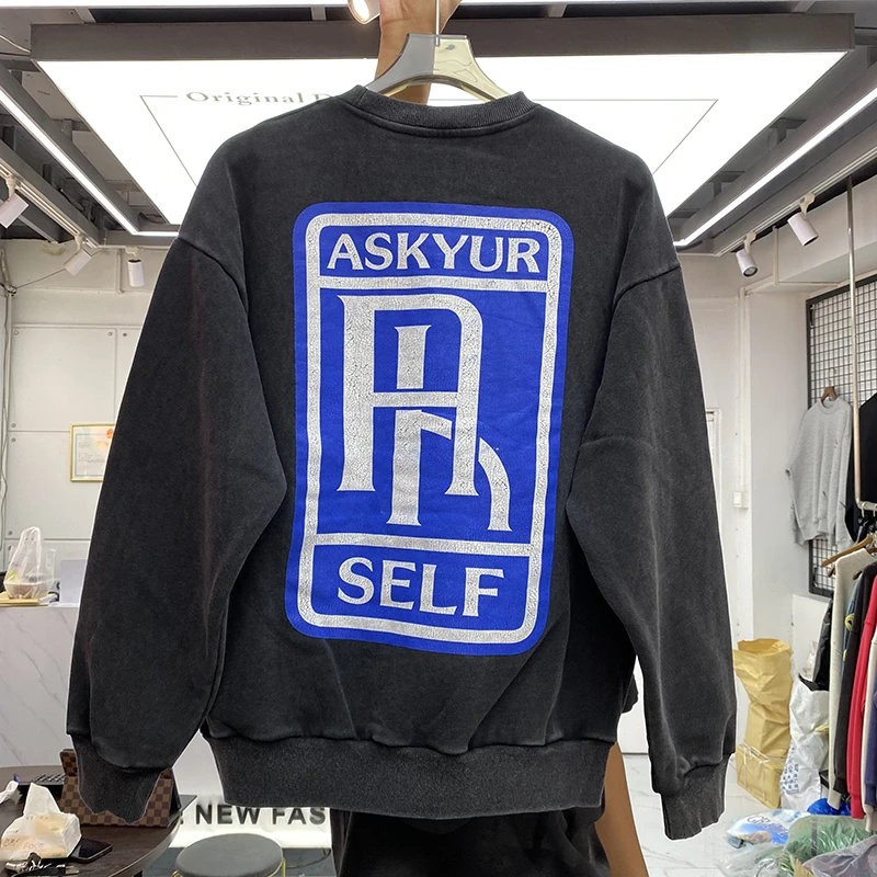 

22FW треснувшие Askyurself свитшоты для мужчин и женщин высшего качества винтажные черные Askyurself оверсайз флис ASK круглый вырез