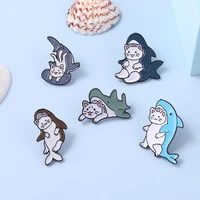 2pcs sea animal world alloy jewelry cartoon cute shark eating cat shape enamel badge accessories creative animal brooch
