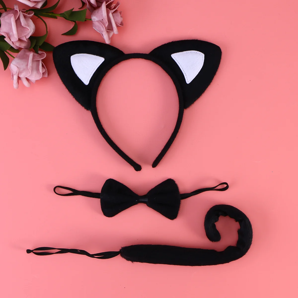 3Pcs Kids Cat Ears Headband Bow Ties Tail Set Party Cosplay Costume (Black and White) cat cosplay set
