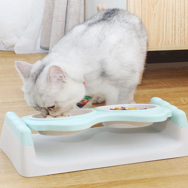 New Neck Guard Cat Bowl With Stand Pet Water Food Feeder Adjustable Kitten Puppy Raised Double Dish Elevated Small Dog Supplies