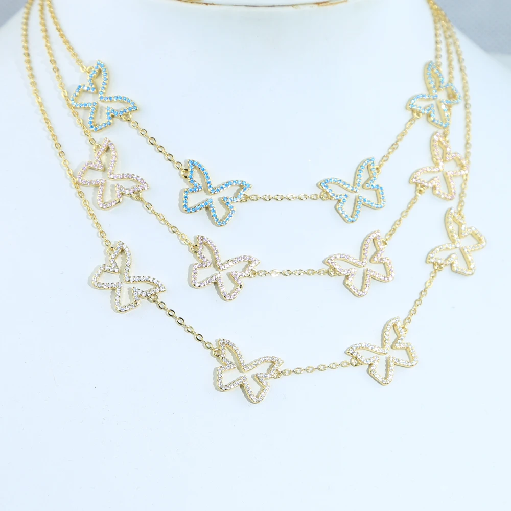 

Прямая поставка, Очаровательная подвеска в виде бабочки с синими, розовыми, белыми фианитами, украшенная камнями, чокер, ожерелье для женщин...