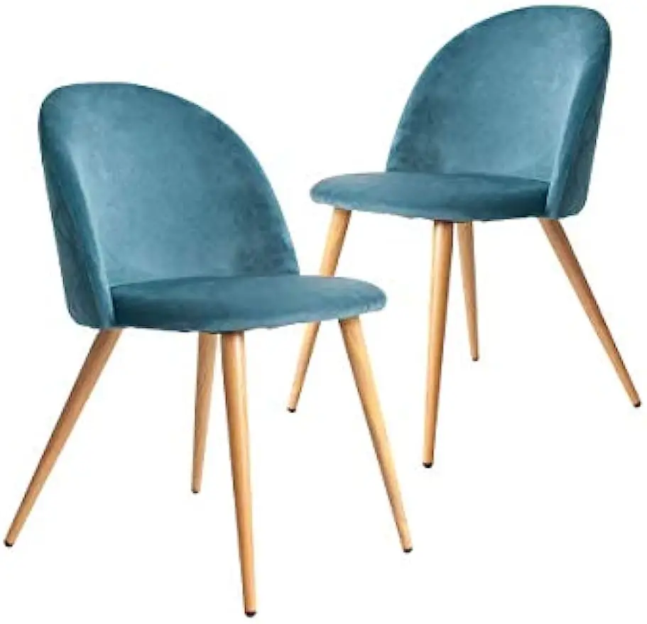 Dining Set of 2, Mid Century Modern Kitchen Velvet Upholstered Accent Leisure Chairs, Blue
