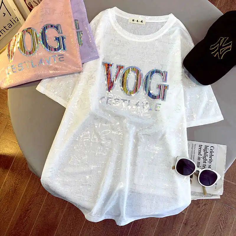 

Summer 2022 Sun Protection Tshirt Women Korean Fashion Loose Letter Print Medium Length Top Cotton Sequined Street Women Clothes