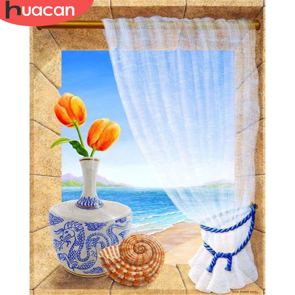

HUACAN Painting By Numbers Flower Kits DIY Frame Drawing On Canvas HandPainted Seaside Scenery For Adults Home Decoration Gift