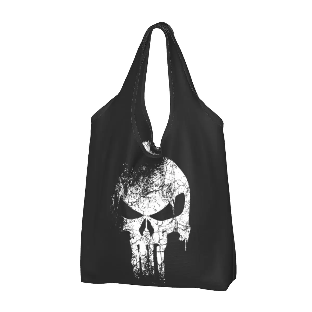 

Custom Skeleton Skull Heavy Metal Shopping Bag Women Portable Large Capacity Groceries Tote Shopper Bags