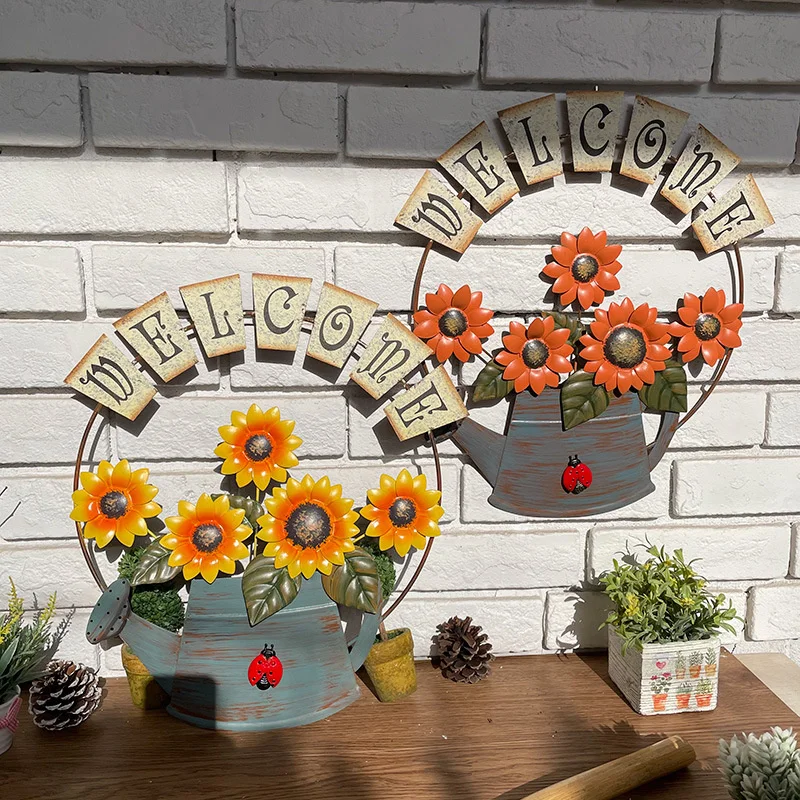 

American Rural Creative Sunflower Welcome Signs Iron Hanging Wall Garden Door Decoration Putuo Pendant Plaque Guide Board