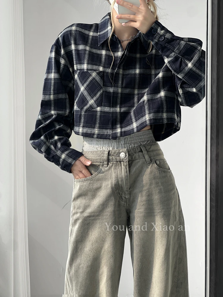 Accent Retro Plaid Shirts Women Design 2025 Spring and Autumn BF Sle Loose Casual Shirt Short Top Outerwear