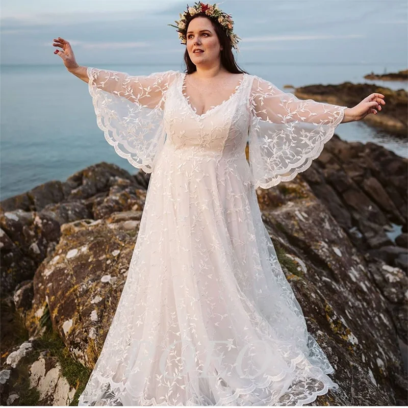 

POEO Plus Size Boho Wedding Dress Lace Applique O-Neck Batwing Sleeve Zipper Back A-Line Floor Length Beach Outdoor Lawn