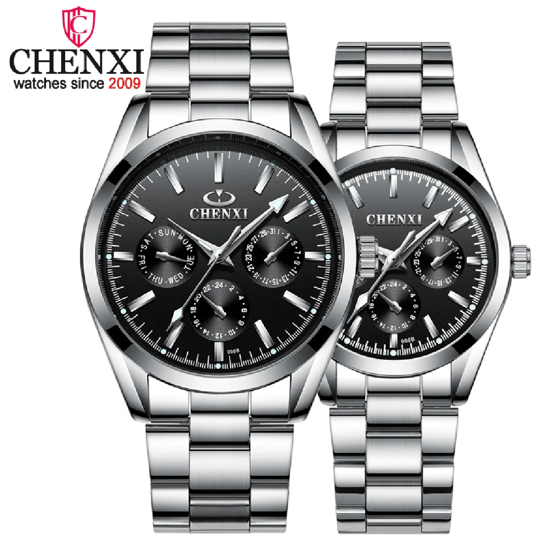 

CHENXI Brand Luxury Quartz WristWatch 3 Small Decoration Dial Lover Couple Watches Silver Stainless Steel Men and Women Watches