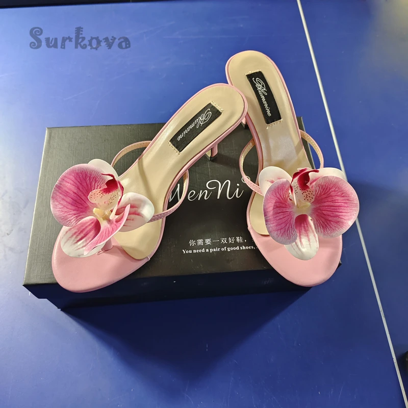 Pink Flower Decoration Pumps Fashion Stilettos High Heels Flip Flops Casual Women's Shoes Sweet Round Toe Kitten Heel Slippers