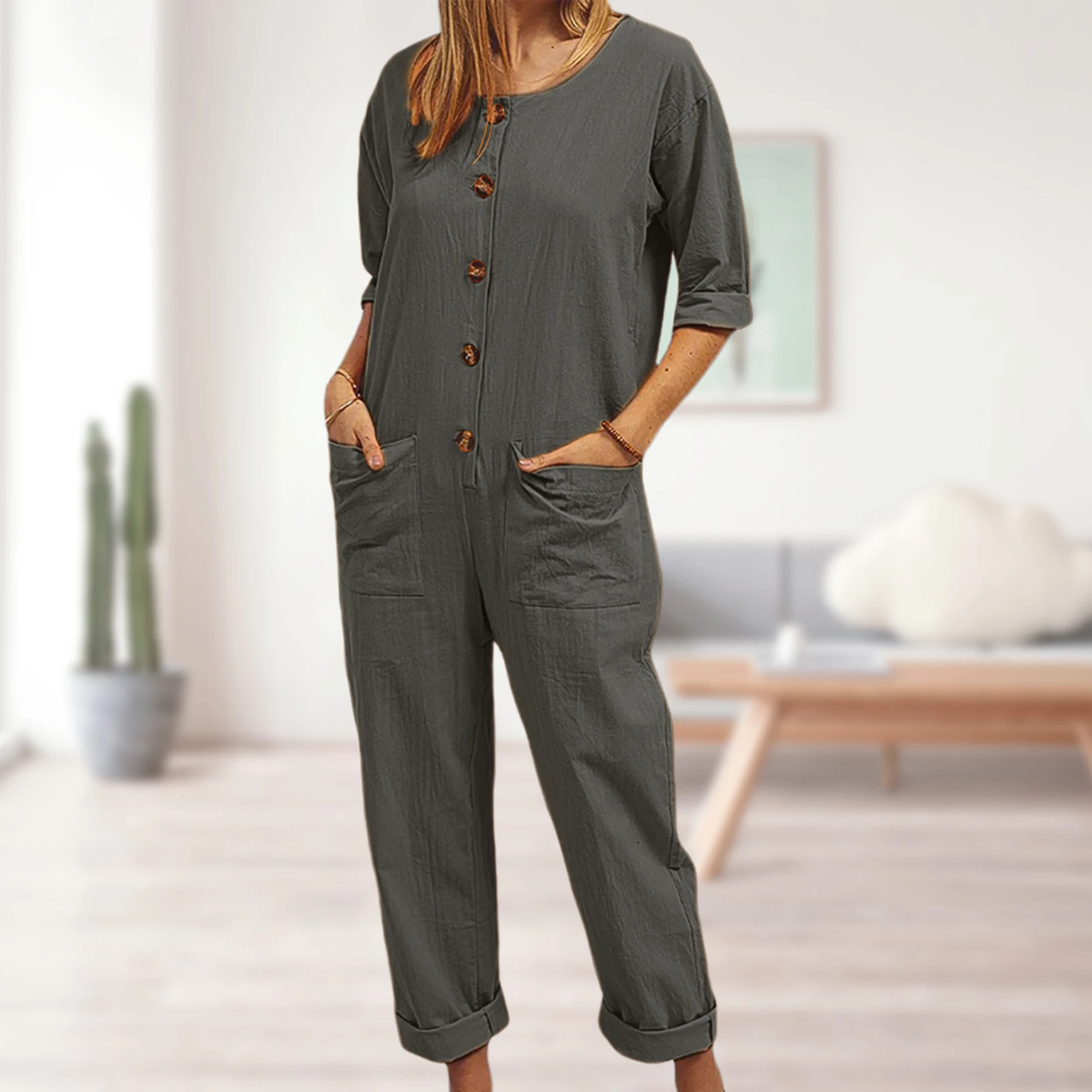 

Classic Jumpsuits with Pockets Women Long Sleeve One Pieces Bodysuit Women Chic and Elegant Jumpsuits Solid Color Streetwear