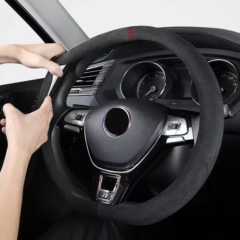 

38cm Ultra-thin Steering Wheel Cover Non-slip D-shaped Round Breathable Sweat-absorbent Suede Cover for All Seasons