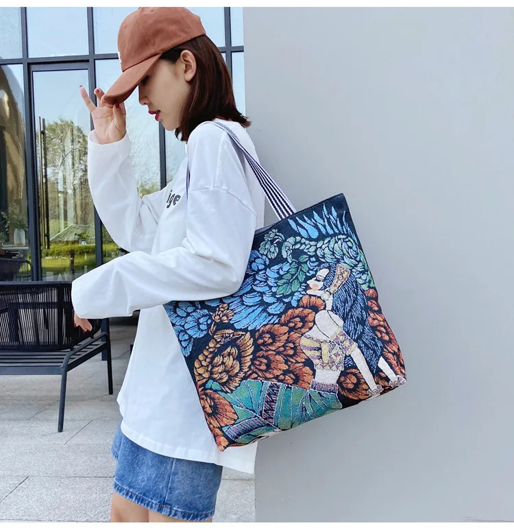 British retro ladies canvas bag ethnic style large-capacity handbags student canvas shoulder bags reusable ladies shopping bags