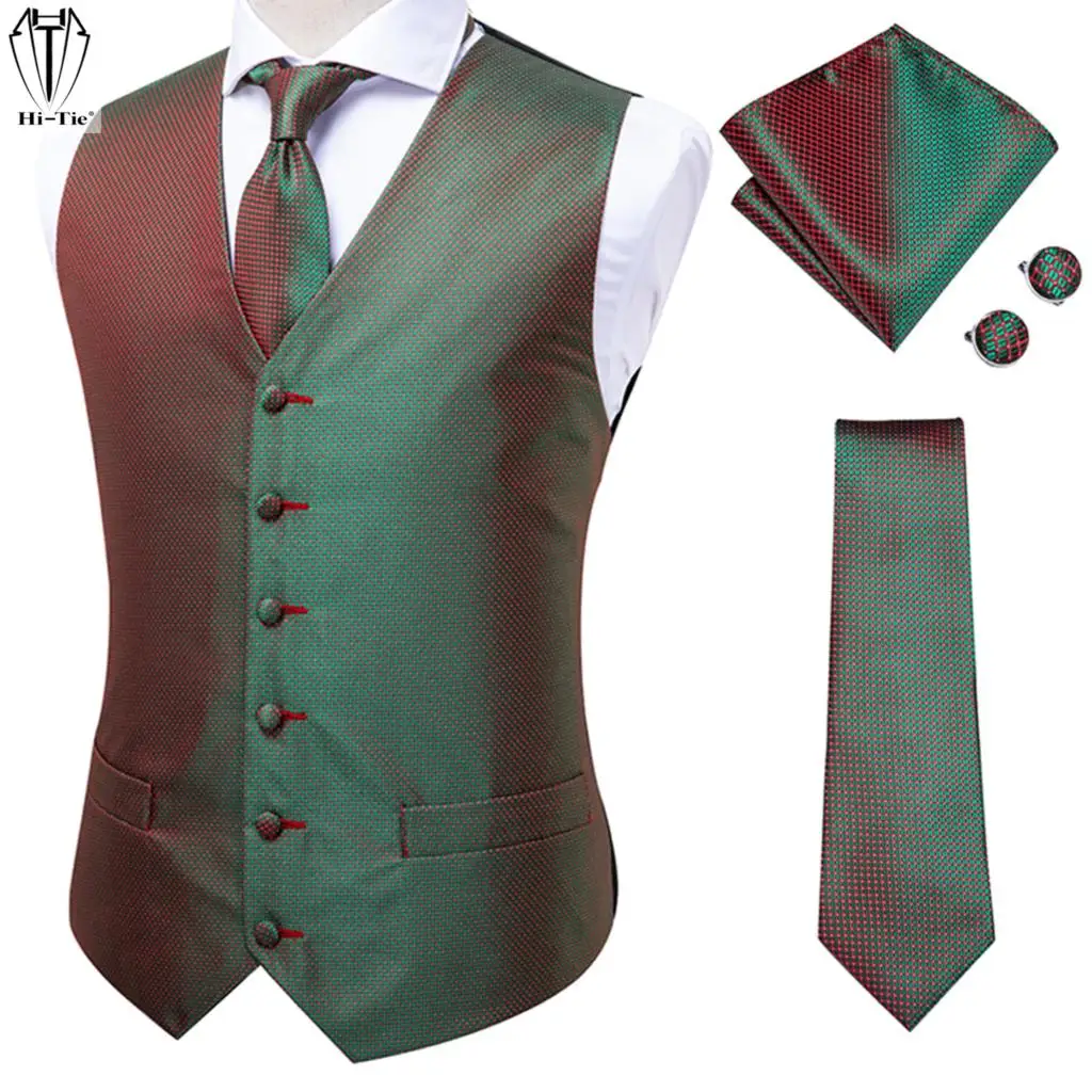 

Шелковый жаккардовый мужской жилет с галстуком-бабочкой зеленого и красного цвета, однотонный Приталенный жилет с галстуком-бабочкой и зап...