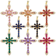 Juya DIY Religious Talisman Jewelry Accessories Handmade 18K Real Gold Plated Cz Paved Catholic Christian Cross Charms Supplies