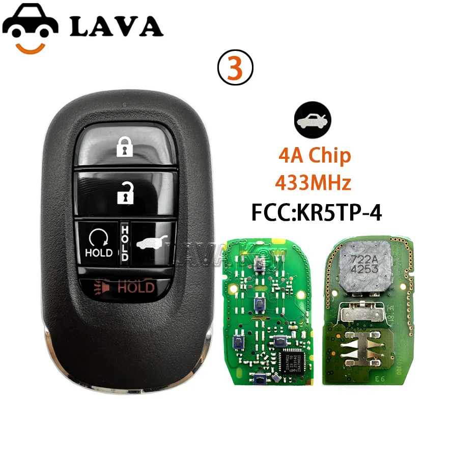 

LAVA 433 МГц 4AChip Keyless KR5TP-4 Go для Honda Accord CR-V HRV Pilot Civic 2022 2023 2024 Smart Key 72147-T43-A11 A3C0775510100