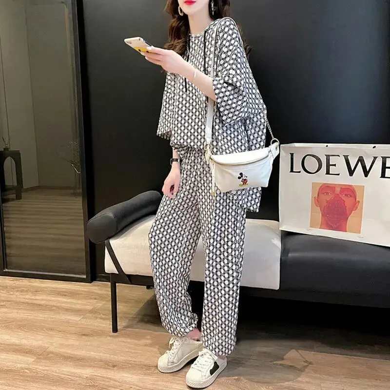 Спортивный костюм с капюшоном Женская клетчатая футболка повседневные брюки