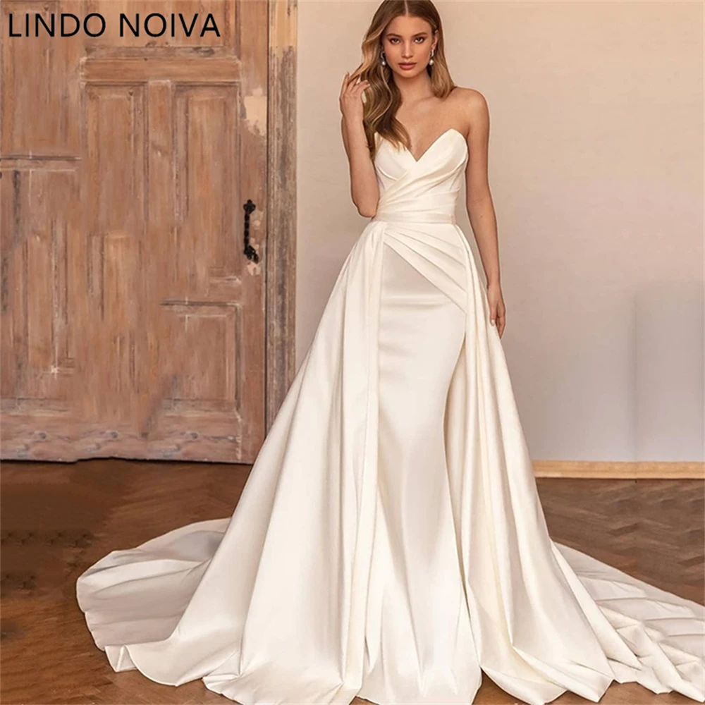 

Sexy Satin Off Shoulder Wedding Dresses With Detachable Train Sweetheart A-Line White/Ivory Bridal Gowns vestidos de novia
