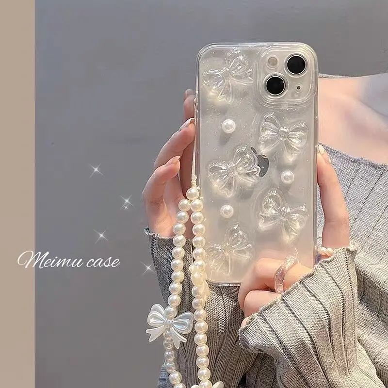 Pearl bow chain For iPhone 13 pro max case iphone 13 12 12 pro max 11 XR X XS creative drop-resistant iPhone case