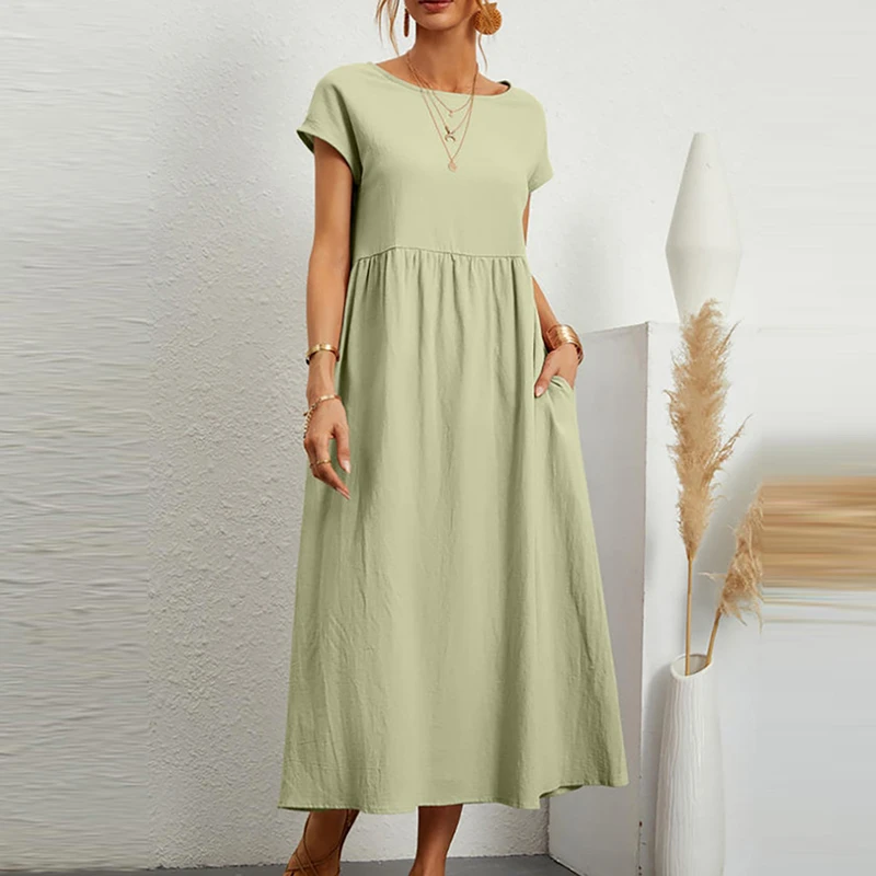

Women Casual Solid Dress Summer Vintage O Neck Loose Vestidos Ladies Boho Elegant Beach Party Commute Dresses