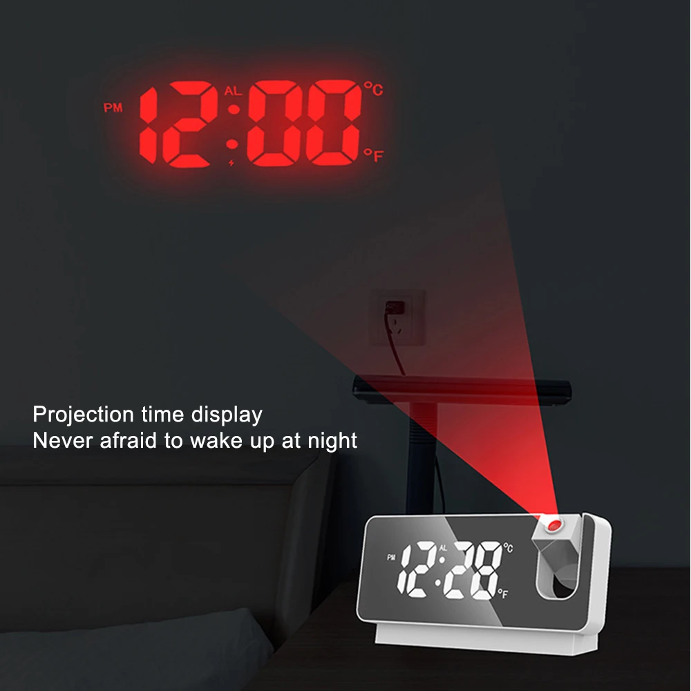 LED Digital Projection Alarm Clock with FM Electronic Radio Time Projector Bedroom Bedside Mute |