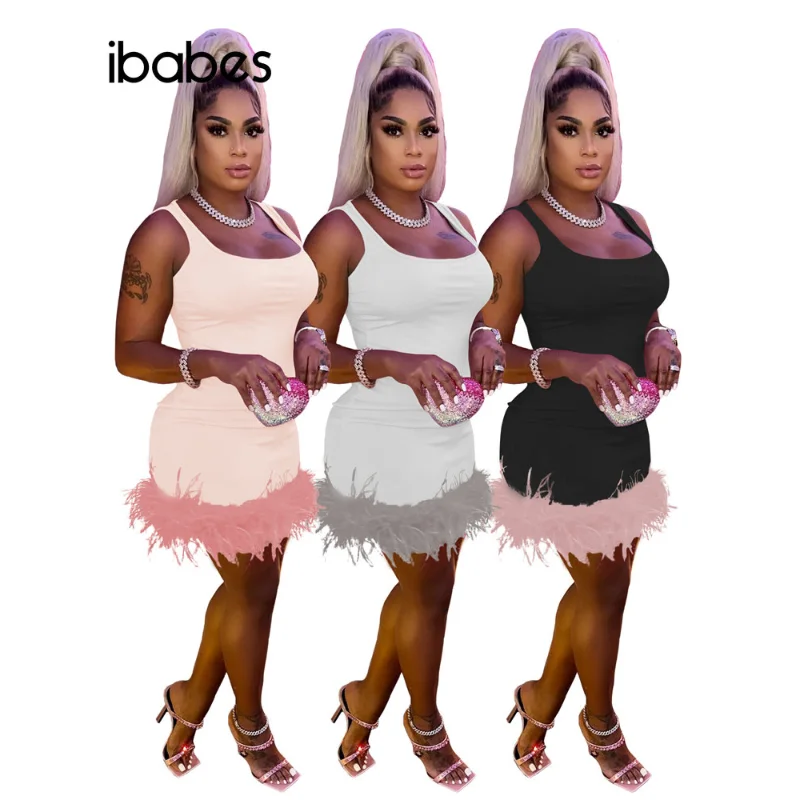 

Feathers Stitching Women Mini Vest Dress Sexy U Neck Sleeveless Bodycon Clubwear Fashion Casual Summer Evening Party Dresses