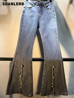 2022 springsummer new womens flare denim pants heavy industry beads chain high waist slimming slit skinny bootcut jeans
