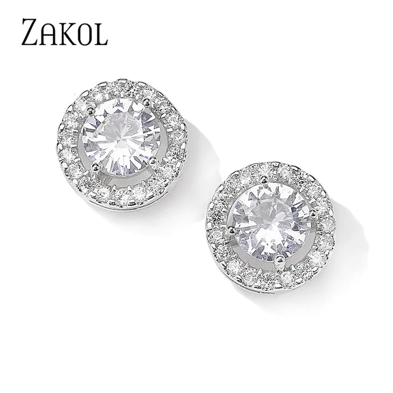 

ZAKOL Fashion White Color Hearts & Arrows Stud Earrings For Women Wedding Elegant AAA Zircon Crystal Round Jewelry FSEP038