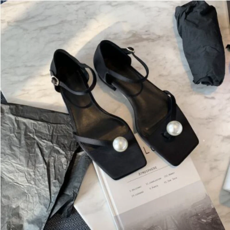 

Сандалии женские с квадратным носком, шлепанцы с жемчугом, узкие ремешки, летняя обувь для улицы, большие размеры