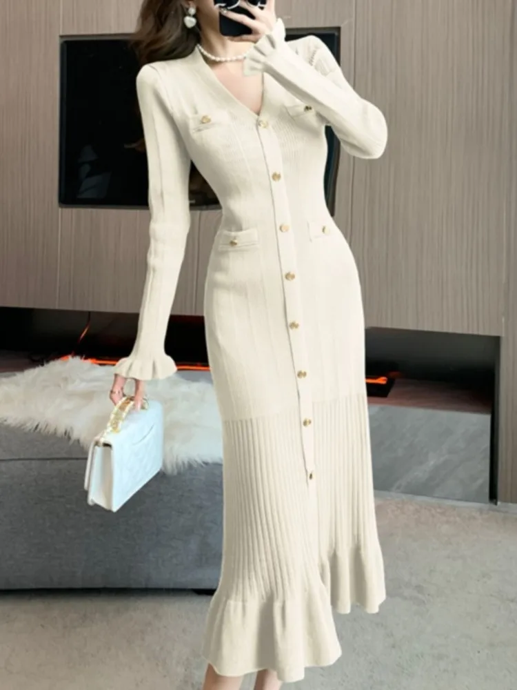 Однотонные вязаные платья для женщин Осенние однобортные шикарные повседневные