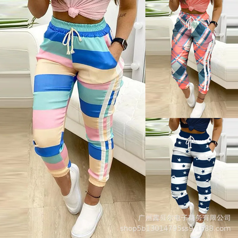 Fashion Casual Bodycon Long Pants Women Autumn Clothes High Waist Drawstring Home Trousers 2022 New Contrasting Colors Pant