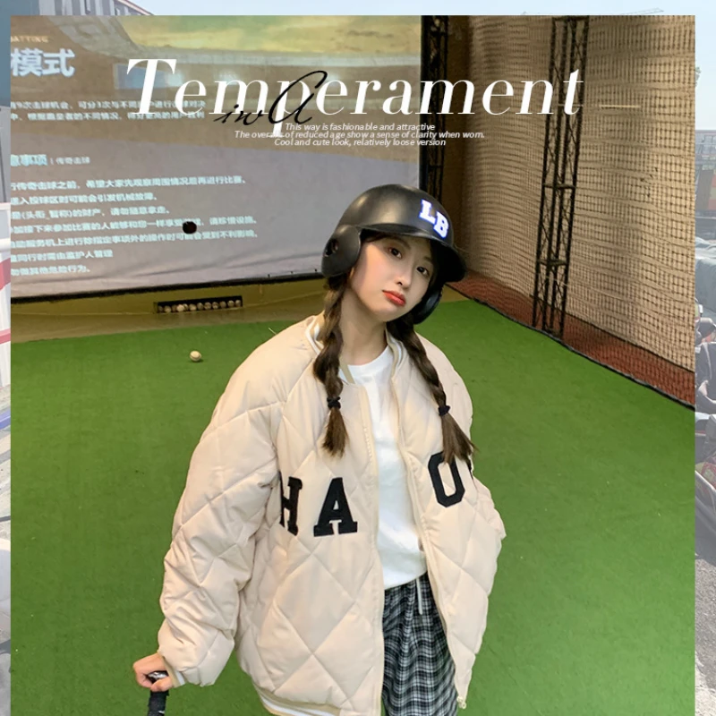 Baseball Collar Down Cotton Jacket Men's and Women's Winter Diamond Plaid Jacket Korean Popular Thickening Warm High Street Top