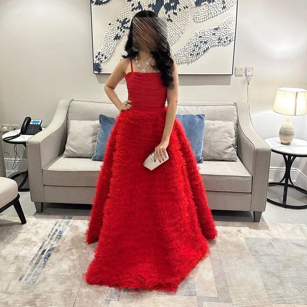 

Xijun Red Tiered Ruffles Tulle Saudi Arabic Evening Dresses Sleeveless Spaghetti Straps A-Line Prom Dress Homecoming Gown