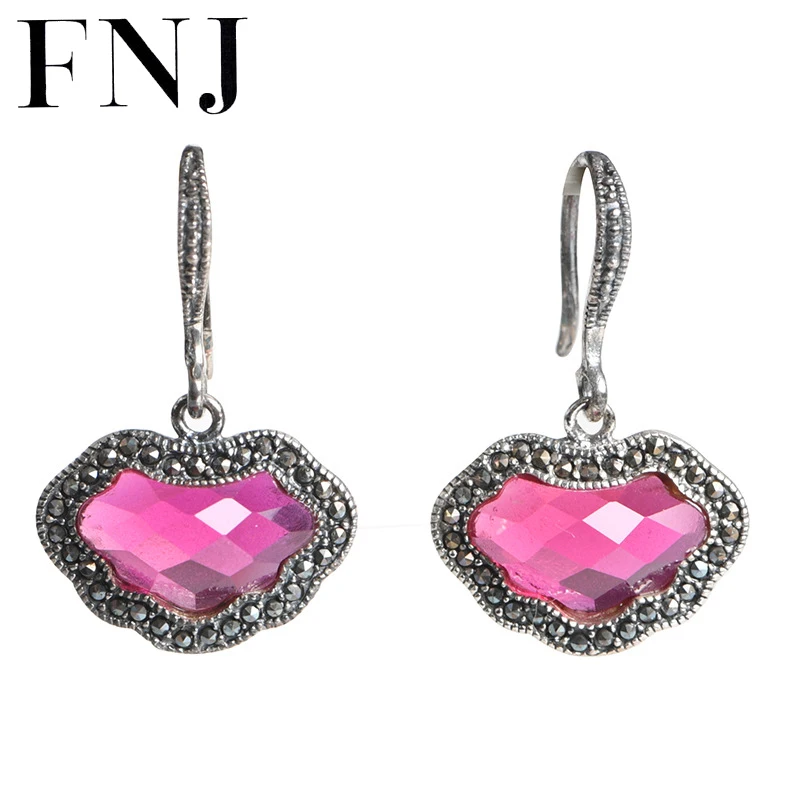 

FNJ Heart Drop Earrings 925 Silver Original Pure S925 Sterling Silver Earring for Women Jewelry Rose Corundum MARCASITE