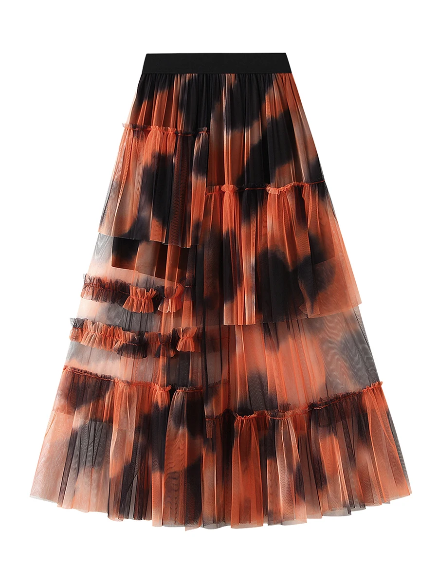 

Women Elegant Chic Midi Tulle Skirt Tie-Dye Print Irregular Ruched Frill A-Line Tutu Cake Skirts