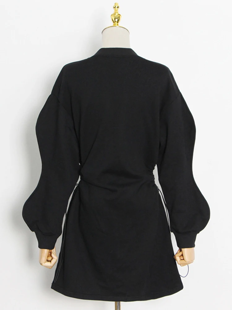 

Черное Повседневное платье для женщин с круглым вырезом и длинным рукавом, ажурные платья с высокой талией, женская осенняя одежда 2022, модна...