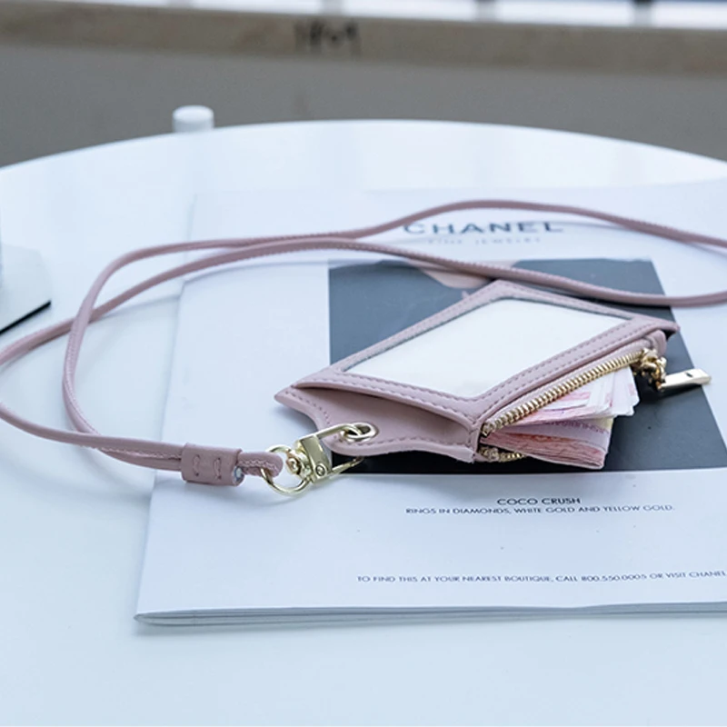 Work Card Holder With Lanyard Work Card Student Campus Bus Subway Card Leather Neck Type Card Holder Credit Cards Woman Wallet