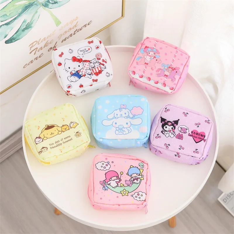 

Sanrioed Kawaii Portable Sanitary Napkin Tampon Storage Bag Anime Kuromi My Melody Cinnamoroll Kitty Meisje Coin Purse Organizer