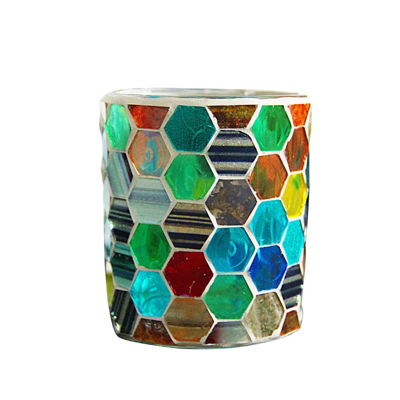 

European-style colorful hexagonal cup-shaped mosaic glass candle holder modern home candle light dinner decoration