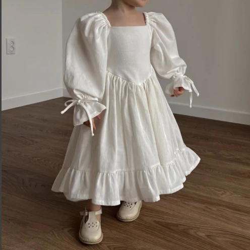 

2023 New Baby Girls Dresses Clothes Autumn Kids Princess Dress Solid Long Sleeve Ruffles Children Party Dress Outfits