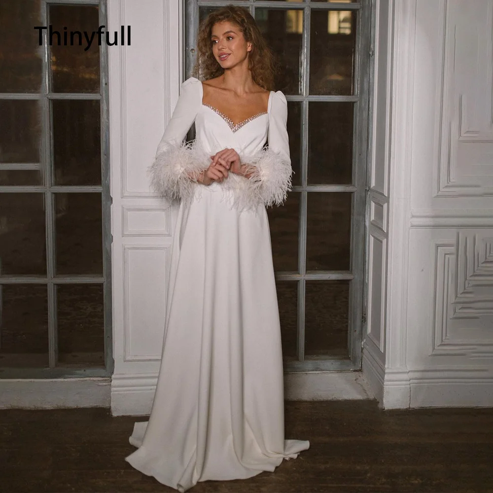 

Thinyfull Потрясающие блестящие свадебные платья трапециевидной формы с длинным рукавом и бисером для невесты Свадебные платья для женщин 2023