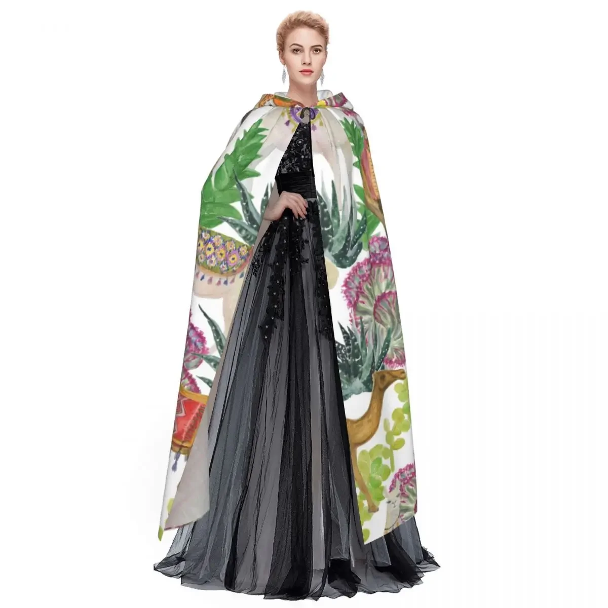 Акварельные ламы и верблюда в саду кактус унисекс стиль с капюшоном длинный