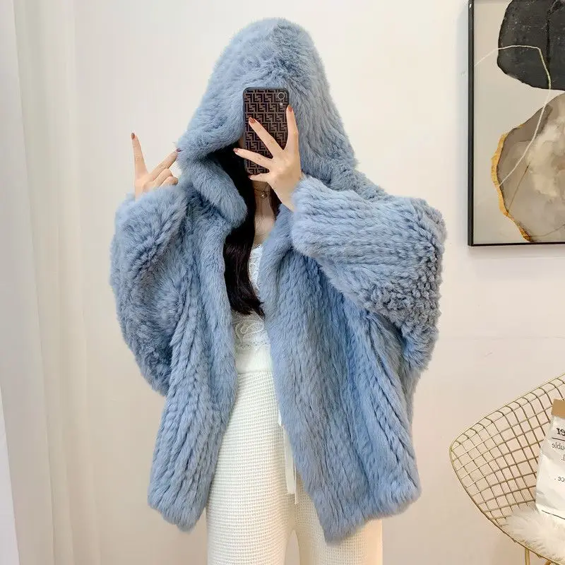 Imported L Lake Rabbit Fur Double-Sided Woven Hooded Mid-Length Short Bell Sleeve Young Versatile Rabbit Fur Coat enlarge