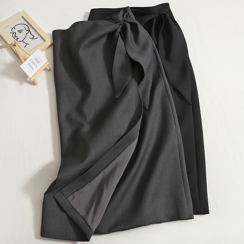 

Hikigawa Chic Fashion Women Autumn Skirts Elegant Retro A-Line Irregular Tied High Waist High Slim Suit Mid-Length Skirt Mujer