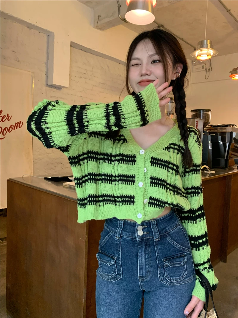 

Осенний Модный женский свитер полосатый вязаный кардиган с V-образным вырезом Y2k винтажные гранж Топы Американский ретро свитер джемпер Топы