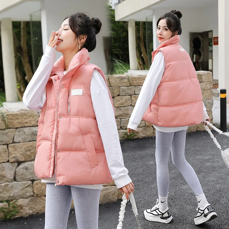 New Autumn and Winter Women Sleeveless Cotton Coat Pink Temperament Commuter Short Zipper Woman Cotton Vest Warm Solid Clothes
