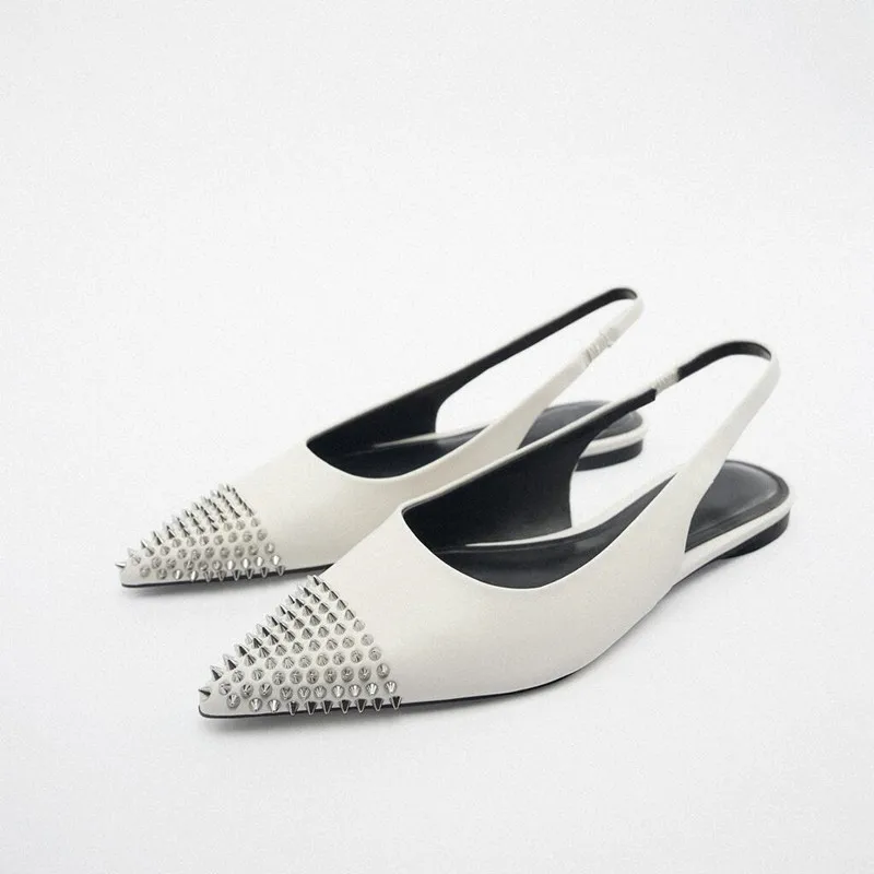 

TRAF 2022 Studded Flats Women Sexy Flat Leather Slingbacks Shoes Ladies Elegant Pointed Toe Flats Sandals Woman Autumn Flats